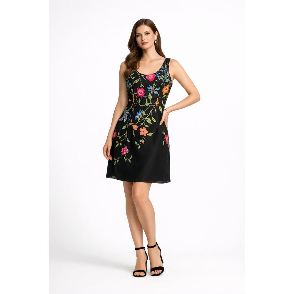 Papell Boutique Vintage 90s Dress 2P Black Floral Beaded Silk Fairy Garden EUC